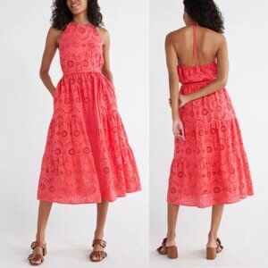 Time & Tru Pink Eyelet Halter Midi Dress with Tiered Skirt Floral Crochet Sz S